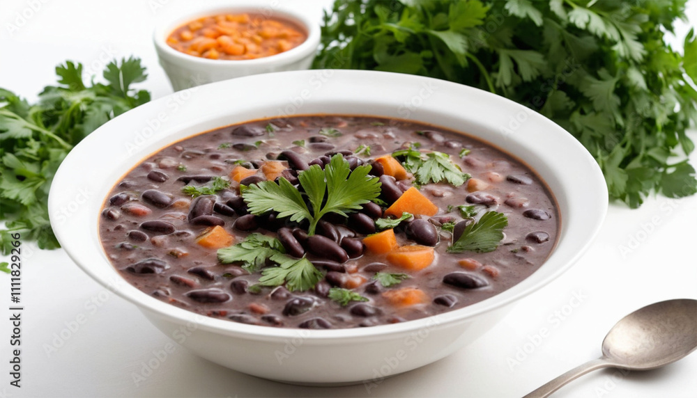 A bowl of black bean soup garnished with fresh parsley and sour cream