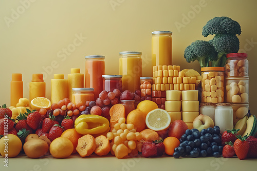 Creative arrangement of food items illustrating cost trends with a rising graph. Minimalistic and professional, blending economics and culinary themes photo