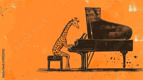 A giraffe playing piano in an orange room, a humorous art print. photo