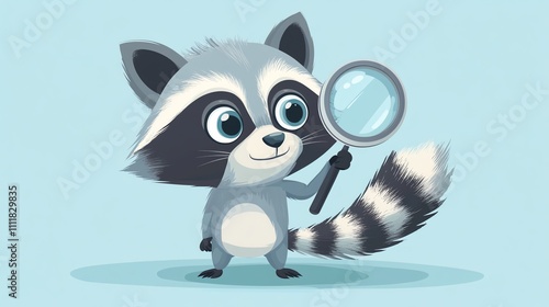 A cute cartoon raccoon holding a magnifying glass. photo