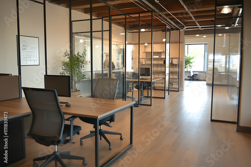 Defocused modern business office background, featuring blurred desks and glass partitions, creating a sleek and professional atmosphere