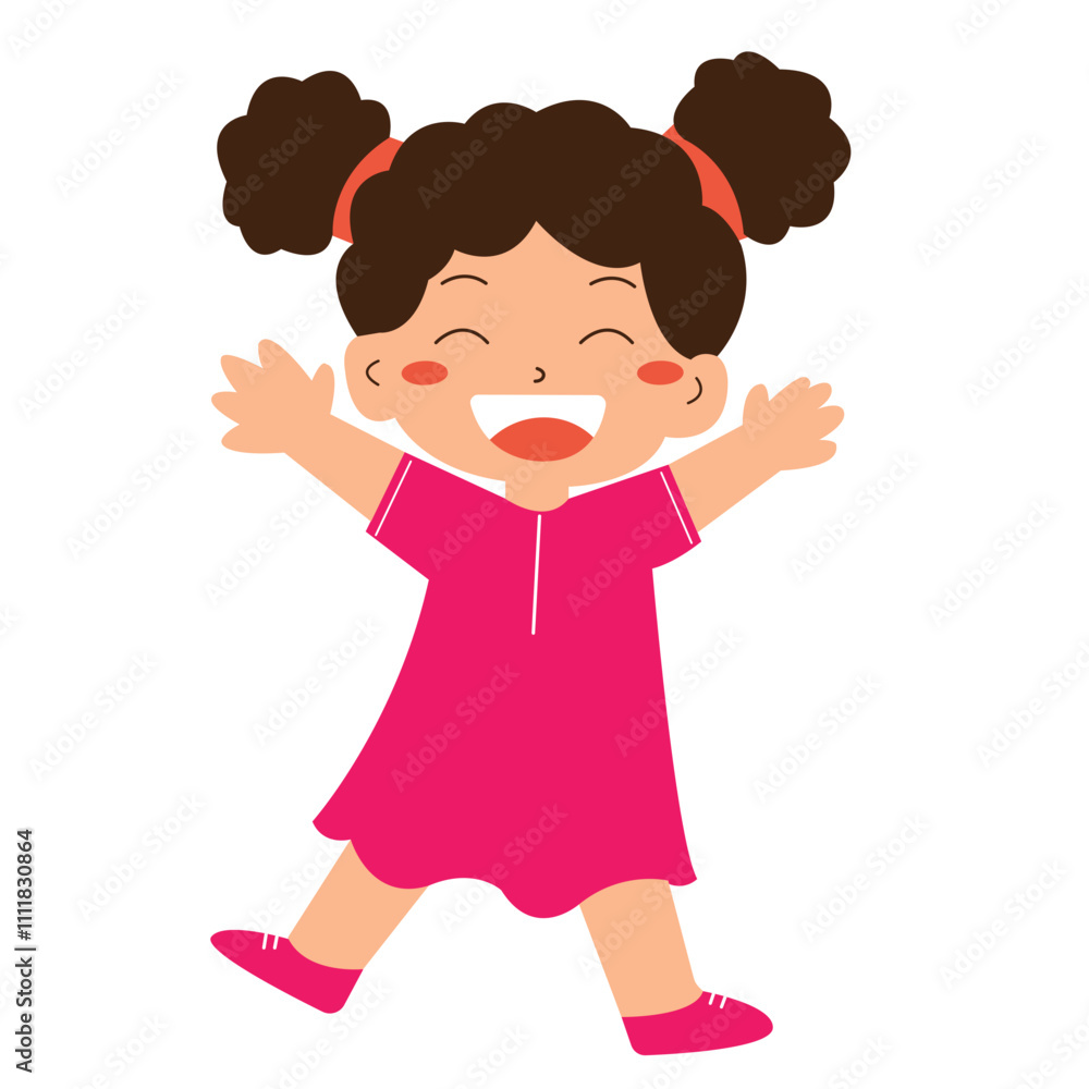Happy girl skipping in pink dress, suitable for children's books, posters, and websites with a cheerful theme. Joyful and vibrant imagery Happy girl skipping in pink dress, suitable for children's books, posters, and websites with a cheerful theme. Joyful and vibrant imagery