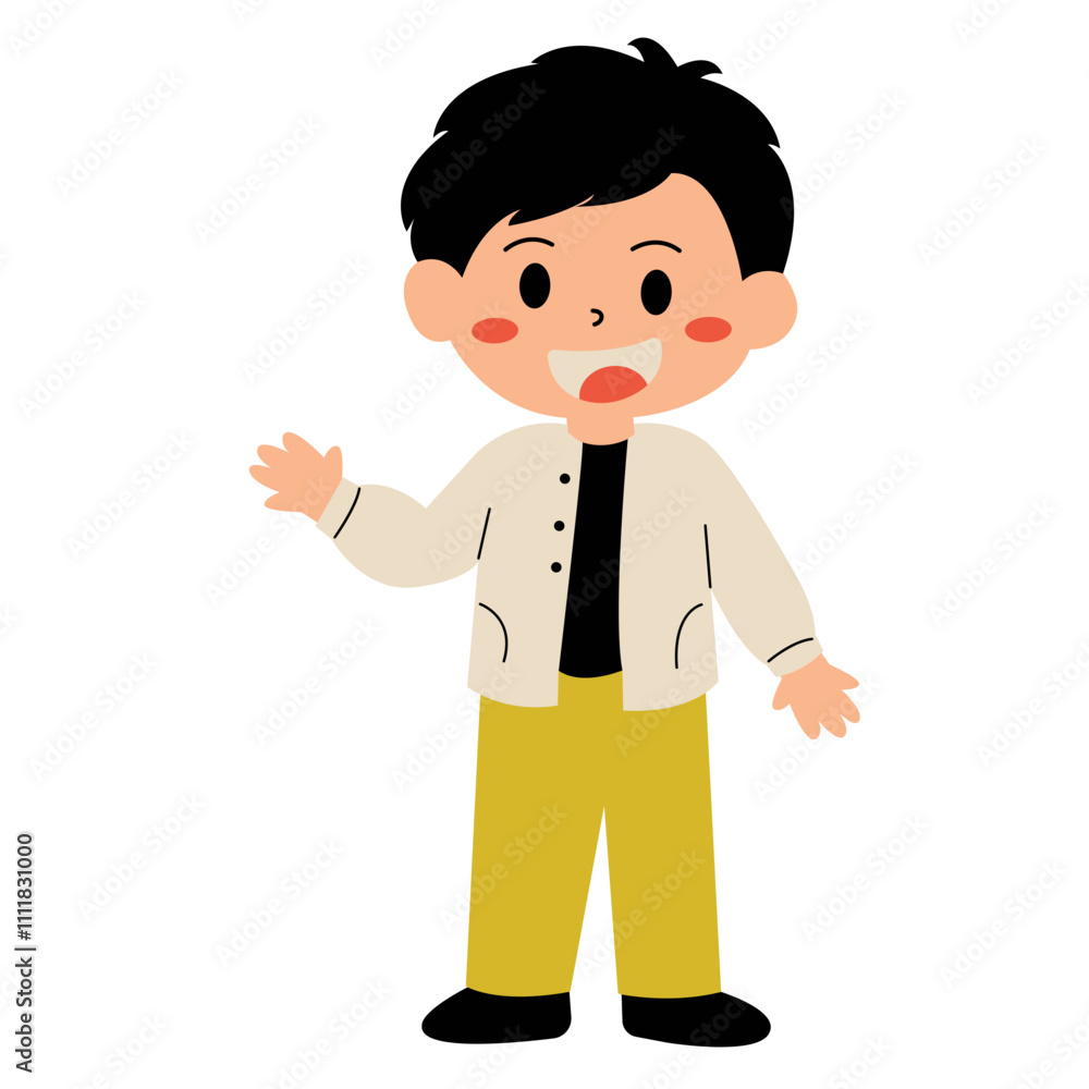 Happy, stylish boy in beige jacket and yellow pants. Suitable for fashion blogs, children's clothing advertisements, and lifestyle magazines Happy, stylish boy in beige jacket and yellow pants. Suitable for fashion blogs, children's clothing advertisements, and lifestyle magazines