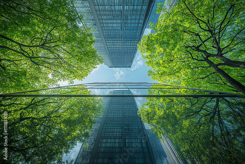 Ground level photo of a skyscraper with green trees reflected in the mirror surface. Green city concept.