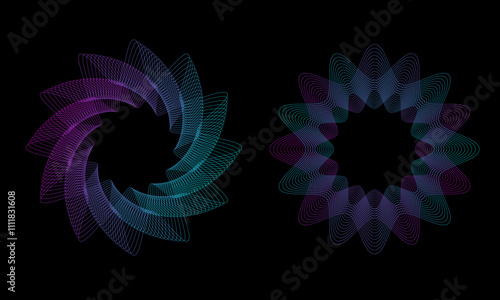 Spirograph abstract element, vector spirals and geometric patterns on a black background create a sense of movement and dynamics