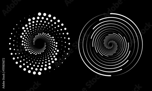 Abstract black and white vector spirals and geometric patterns on a black background create a sense of movement and dynamics