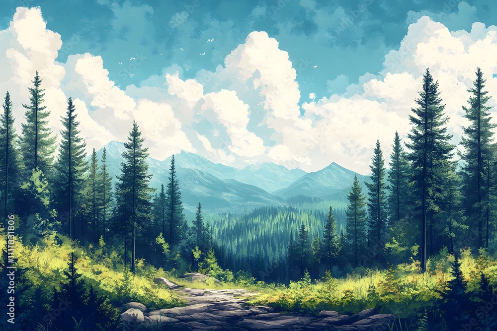 Fototapeta premium Panoramic View of Untouched Nature with Lush Greenery and Mountains