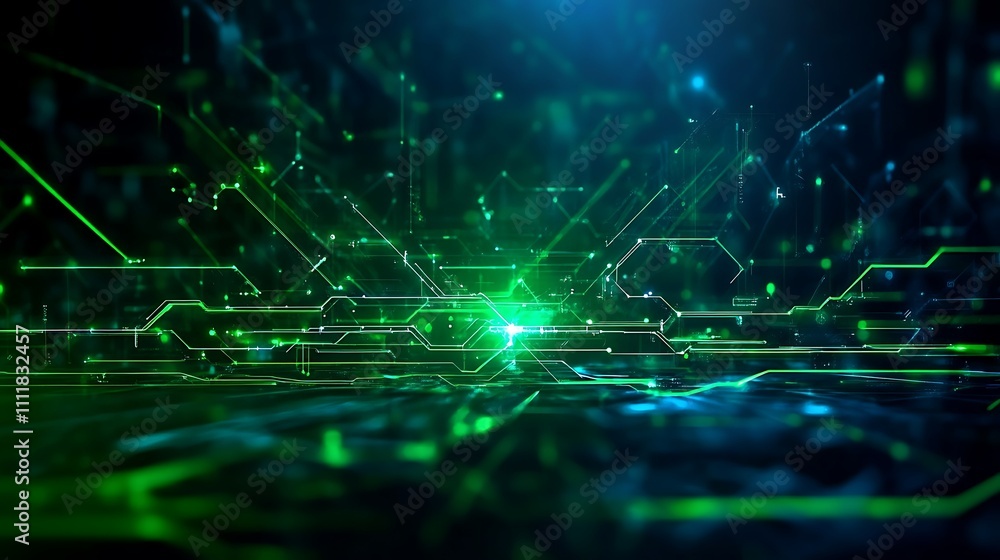 Fototapeta premium Futuristic Abstract Technology Background with Glowing Lines and Dots in Green and Blue Tones