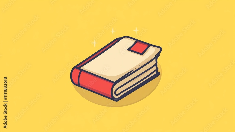 An illustration of a book in cartoon style, with a yellow background.