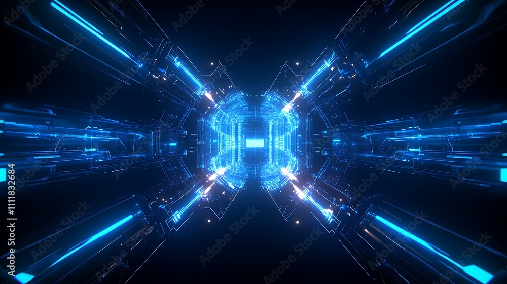 Futuristic Abstract Tunnel with Glowing Blue Lights and Dynamic Motion in a High-Tech Environment Futuristic Abstract Tunnel with Glowing Blue Lights and Dynamic Motion in a High-Tech Environment