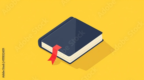 A closed book with a red bookmark against a yellow background.
