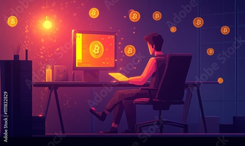 Person working late, digital currency displayed.