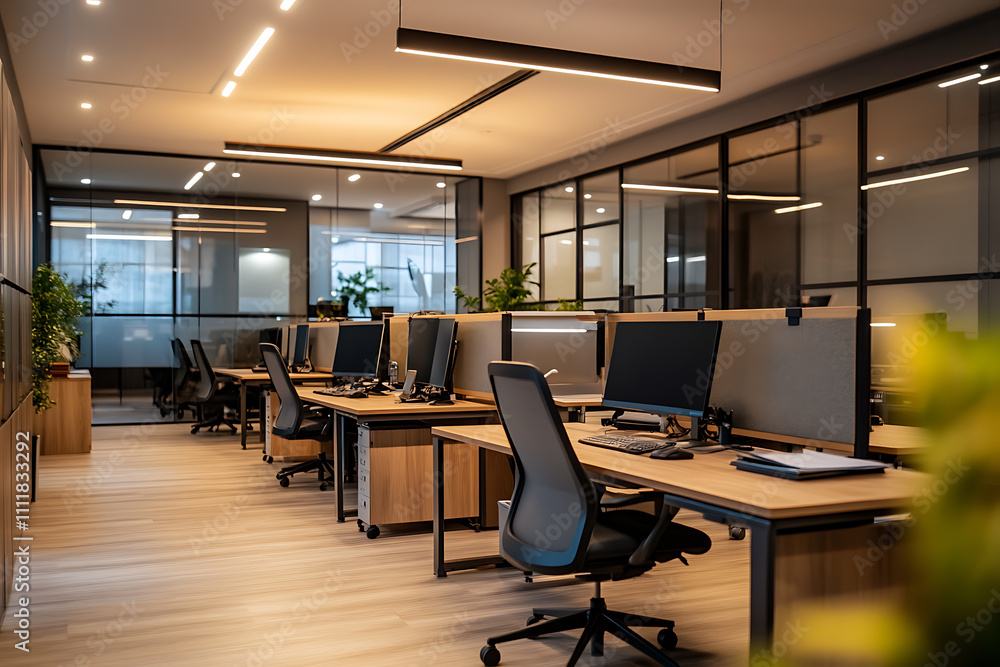 Defocused modern business office background, featuring blurred desks and glass partitions, creating a sleek and professional atmosphere Defocused modern business office background, featuring blurred desks and glass partitions, creating a sleek and professional atmosphere