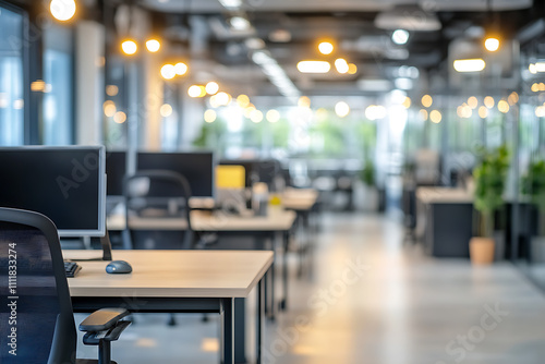 Defocused modern business office background, featuring blurred desks and glass partitions, creating a sleek and professional atmosphere