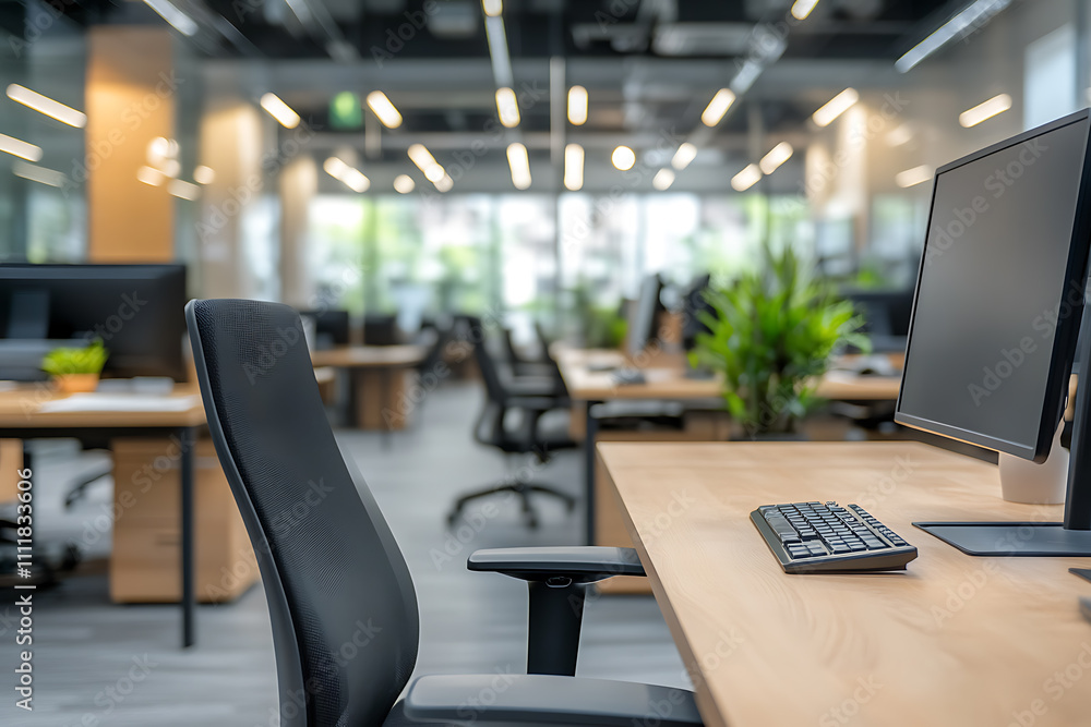 Defocused modern business office background, featuring blurred desks and glass partitions, creating a sleek and professional atmosphere