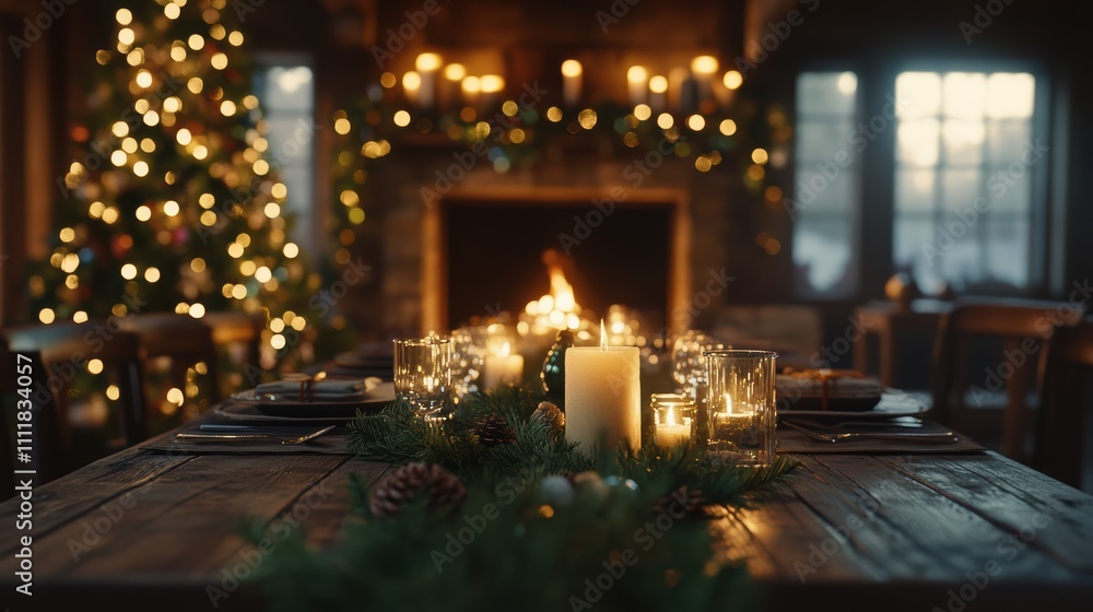 Holiday table with greenery candles and fireplace glow Holiday table with greenery candles and fireplace glow