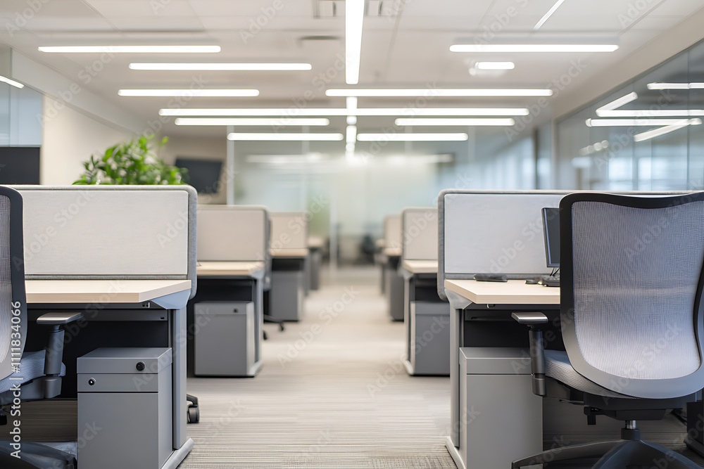 Defocused modern business office background, featuring blurred desks and glass partitions, creating a sleek and professional atmosphere Defocused modern business office background, featuring blurred desks and glass partitions, creating a sleek and professional atmosphere