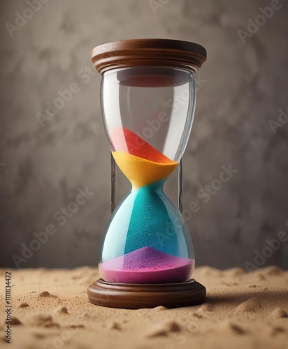 Hourglass filled with colored sand in a glass container, colored, unique, colorful photo