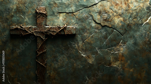 Stone cross with crown of thorns on textured wall photo