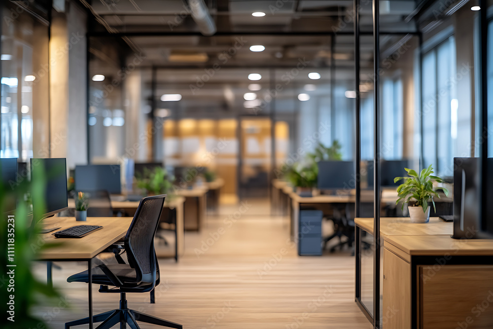 Defocused modern business office background, featuring blurred desks and glass partitions, creating a sleek and professional atmosphere Defocused modern business office background, featuring blurred desks and glass partitions, creating a sleek and professional atmosphere