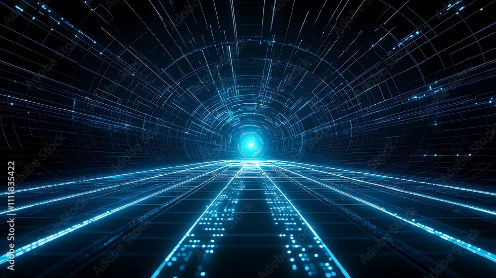 Futuristic Data Stream Concept with Light Rays and Circular Patterns in a Dark Space Environment Futuristic Data Stream Concept with Light Rays and Circular Patterns in a Dark Space Environment