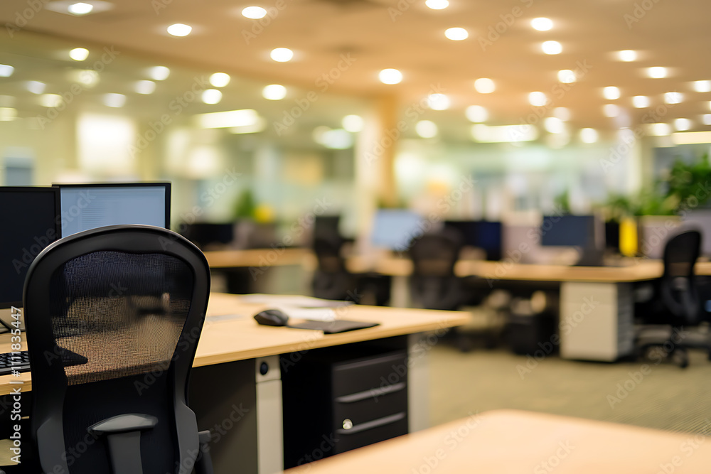 Defocused modern business office background, featuring blurred desks and glass partitions, creating a sleek and professional atmosphere Defocused modern business office background, featuring blurred desks and glass partitions, creating a sleek and professional atmosphere