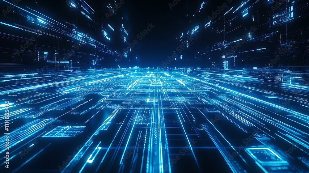 Futuristic Data Stream with Blue Light Rays in a Virtual Environment Representing Technology and Connectivity Futuristic Data Stream with Blue Light Rays in a Virtual Environment Representing Technology and Connectivity