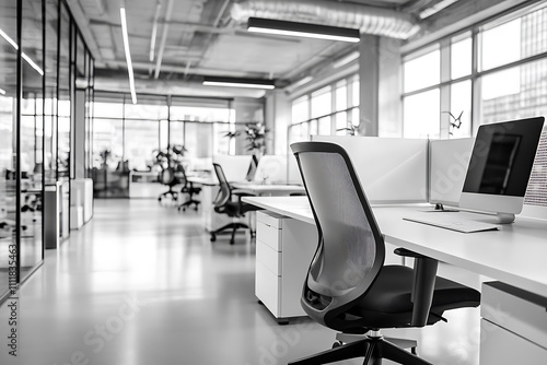 Defocused modern business office background, featuring blurred desks and glass partitions, creating a sleek and professional atmosphere