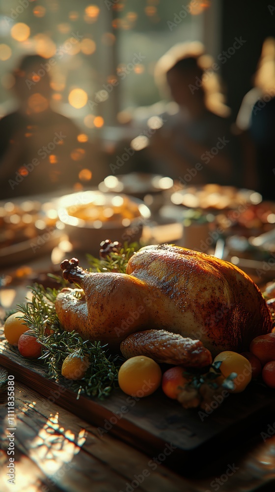Thanksgiving turkey centerpiece with family silhouettes in bokeh Thanksgiving turkey centerpiece with family silhouettes in bokeh