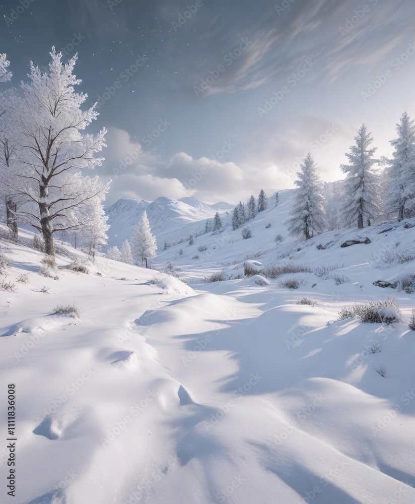 Soft blanket of fresh snow falling gently in a silent landscape, snow, winter Soft blanket of fresh snow falling gently in a silent landscape, snow, winter
