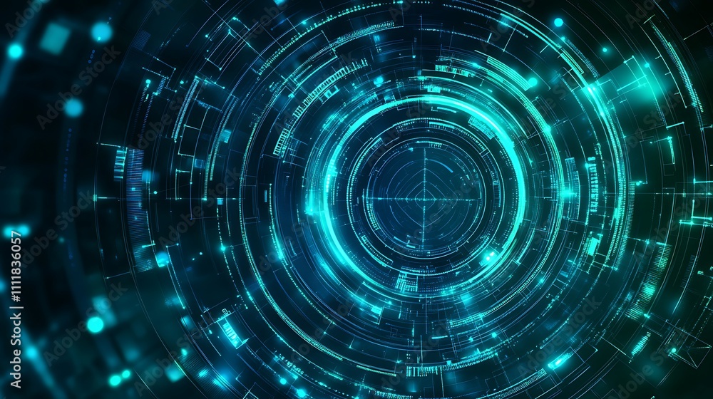 Futuristic Digital Abstract Background with Glowing Circles and Data Streams in Turquoise and Blue Colors