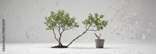 Small shrub-like plant with thin branches and wiry leaves against white surface , white, botanical