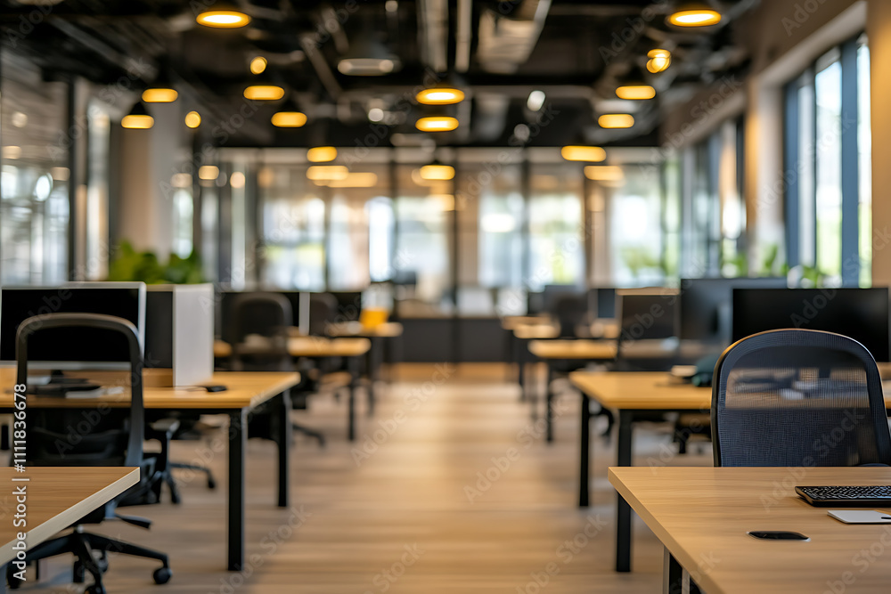 Defocused modern business office background, featuring blurred desks and glass partitions, creating a sleek and professional atmosphere Defocused modern business office background, featuring blurred desks and glass partitions, creating a sleek and professional atmosphere