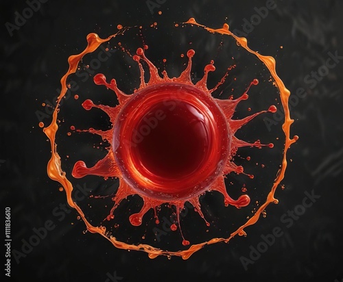 Splash of red liquid in a circular motion with orange undertones on black background, black, circle photo