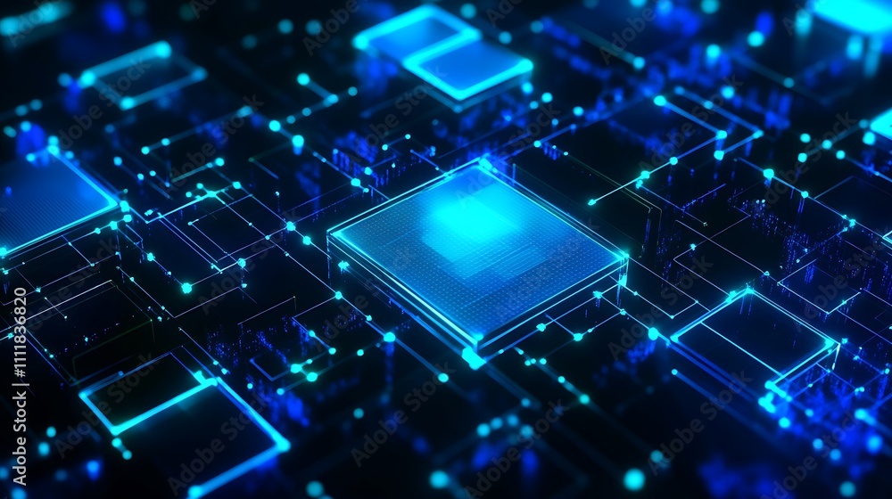 Futuristic Digital Circuit with Glowing Blue Lines and Bright Neon Chips in Technology Background Futuristic Digital Circuit with Glowing Blue Lines and Bright Neon Chips in Technology Background
