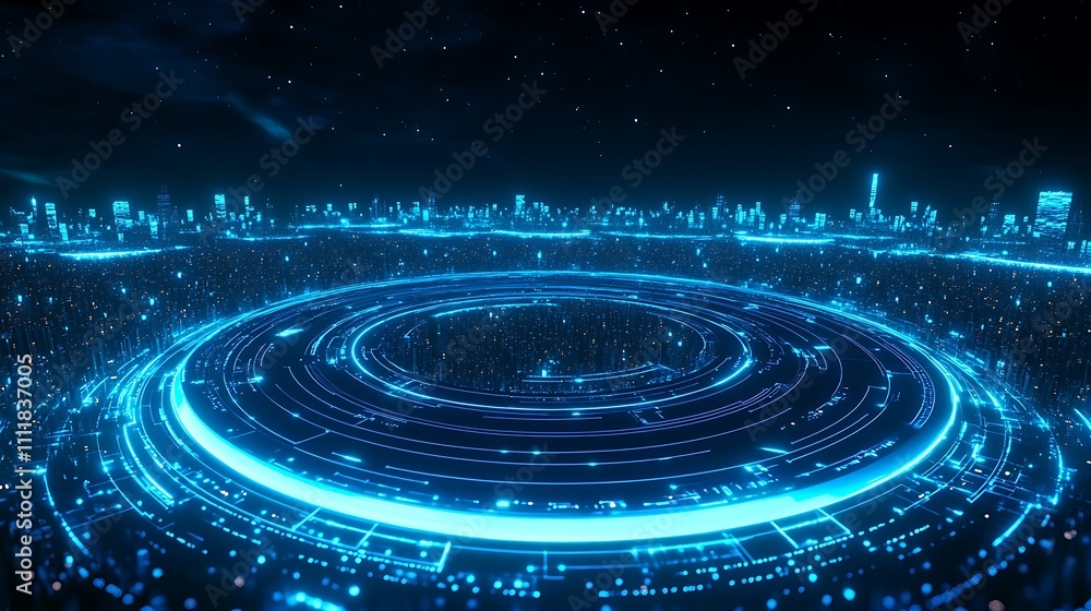 Futuristic Digital Cityscape with Abstract Geometric Patterns and Bright Neon Blue Lights at Night Futuristic Digital Cityscape with Abstract Geometric Patterns and Bright Neon Blue Lights at Night