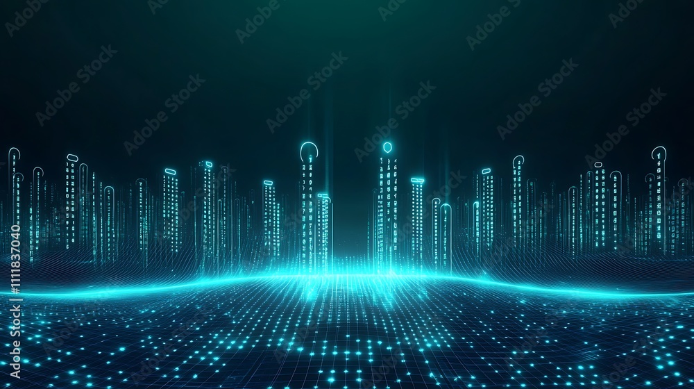 Futuristic Digital Cityscape with Glowing Neon Lights and Data Streams on a Dark Background Futuristic Digital Cityscape with Glowing Neon Lights and Data Streams on a Dark Background