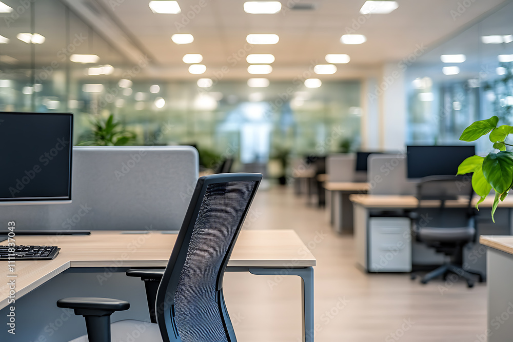 Defocused modern business office background, featuring blurred desks and glass partitions, creating a sleek and professional atmosphere Defocused modern business office background, featuring blurred desks and glass partitions, creating a sleek and professional atmosphere
