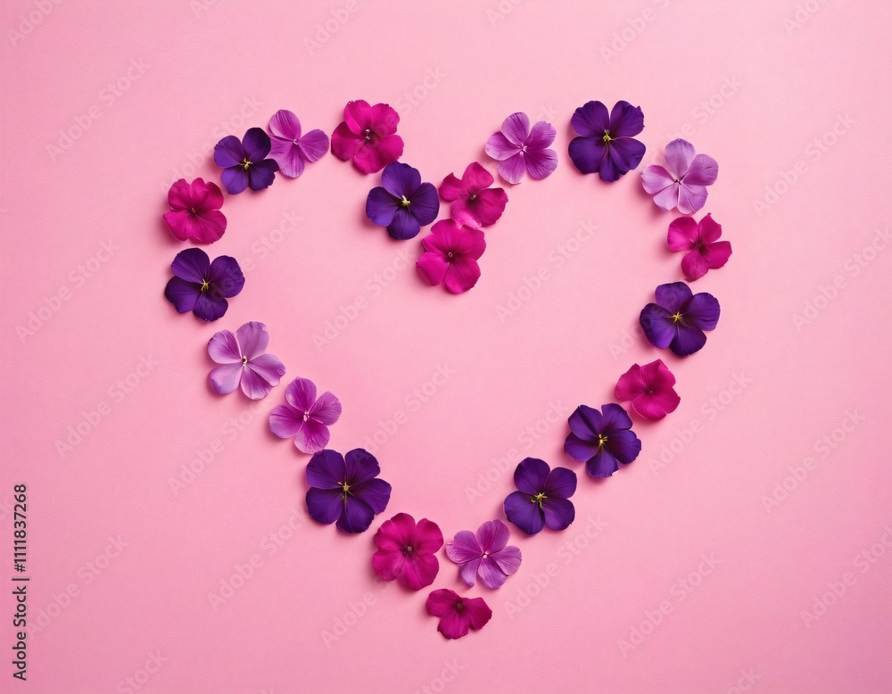 Heart made of pink and purple flower petals on a soft pastel background. Ai generated image. Heart made of pink and purple flower petals on a soft pastel background. Ai generated image.