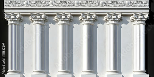 Classical Architecture, Five Fluted Columns with Intricate Frieze and Marble Wall, Elegant Design photo