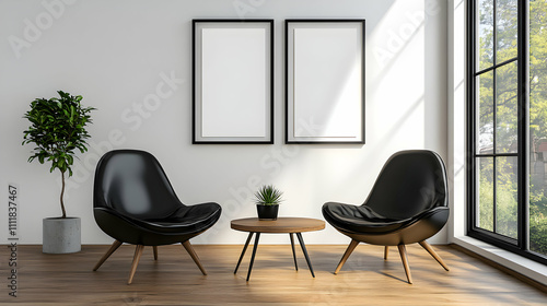 Modern Interior Design, Two Black Chairs & Wooden Table, Minimalist Room Decor with Blank Frames near a Window