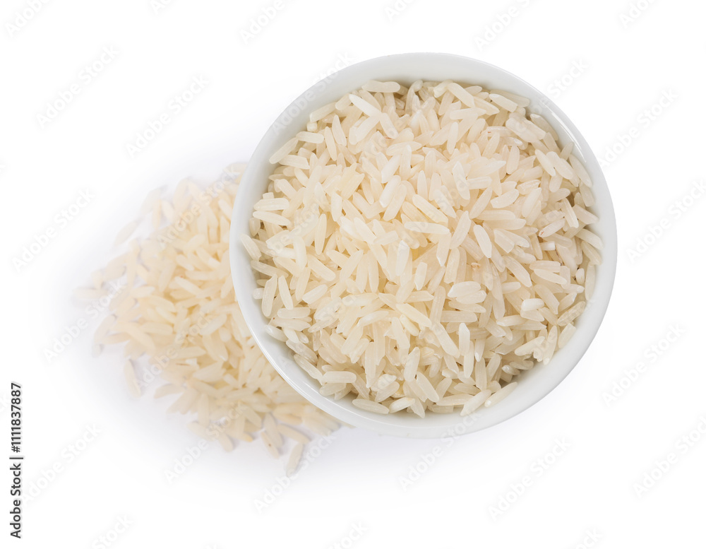 Raw rice in bowl isolated on white, top view Raw rice in bowl isolated on white, top view