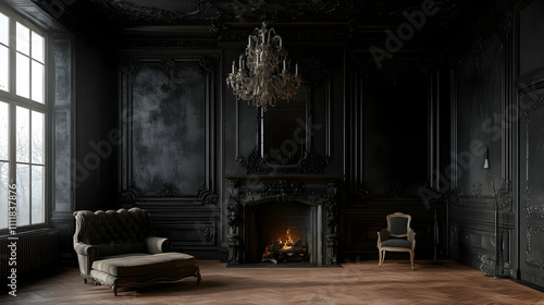 Wallpaper Mural Dark Elegance, Ornate Black Room with Fireplace and Chaise Lounge Torontodigital.ca