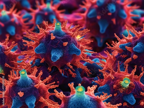 A vibrant close-up of colorful microorganisms showcasing intricate details and textures in a microscopic view. photo