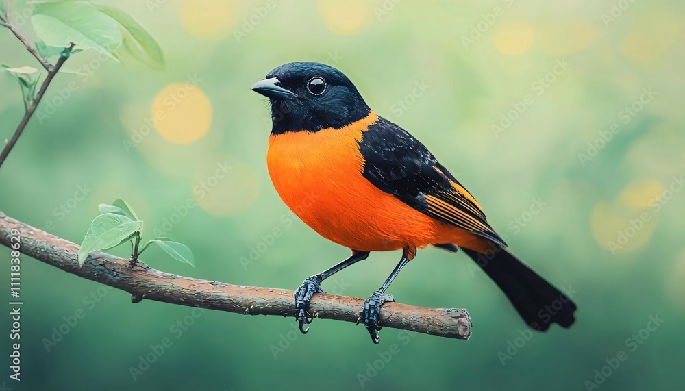 A vibrant orange and black bird perched on a branch, surrounded by soft greenery, showcasing nature's beauty. A vibrant orange and black bird perched on a branch, surrounded by soft greenery, showcasing nature's beauty.