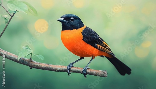 A vibrant orange and black bird perched on a branch, surrounded by soft greenery, showcasing nature's beauty.