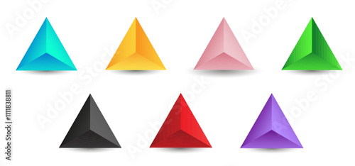 Set of vector tetrahedrons with gradients for game, icon, package design, logo, mobile, ui, web. One of regular polyhedra isolated on white background. Minimalist style. Platonic solid.