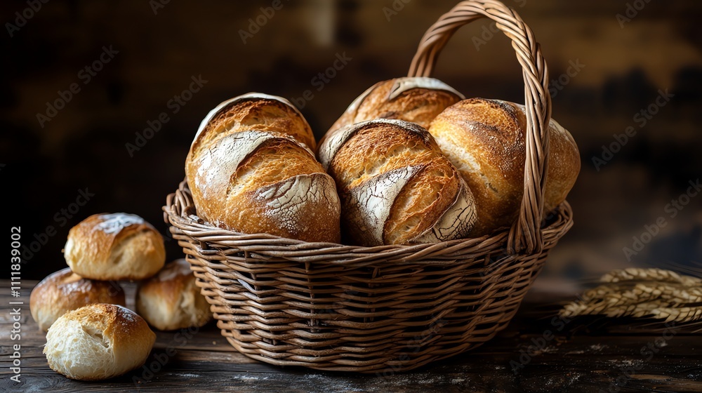 A wicker basket overflowing with fresh bread, with some smaller rolls scattered on the wooden surface. A wicker basket overflowing with fresh bread, with some smaller rolls scattered on the wooden surface.