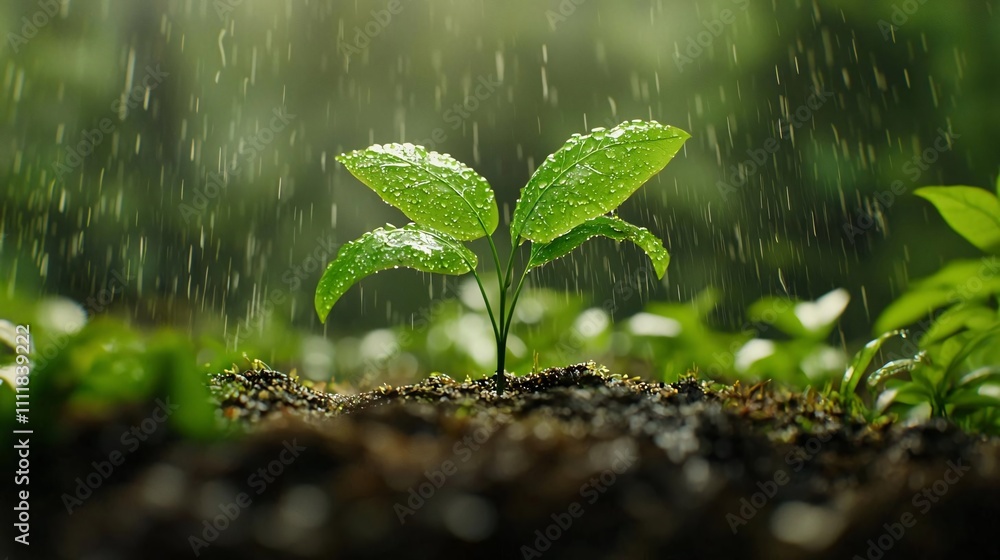 A young green plant emerges from the soil, glistening with droplets of water in a serene, lush environment. A young green plant emerges from the soil, glistening with droplets of water in a serene, lush environment.