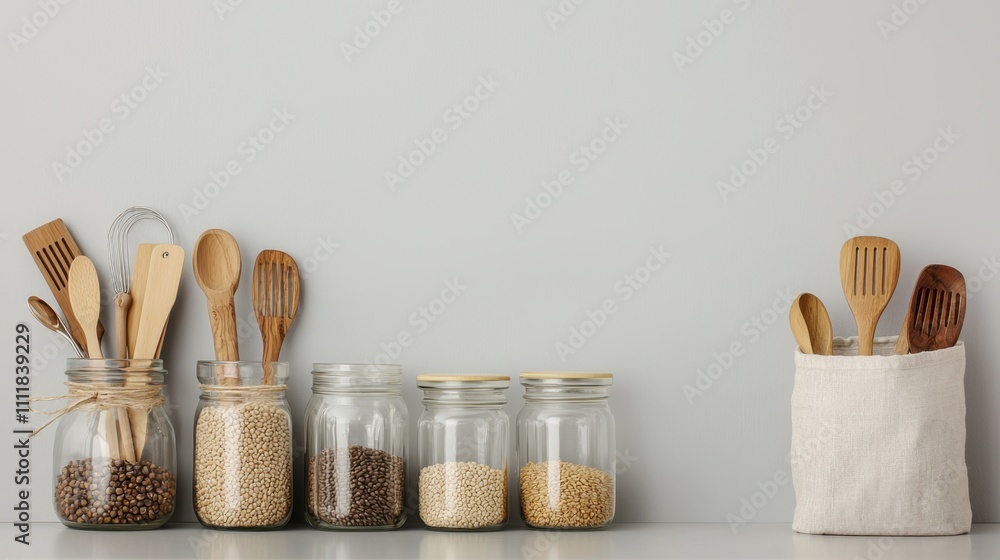 Homemade creative and eco-friendly A collection of jars filled with grains and utensils on a neutral background. Homemade creative and eco-friendly A collection of jars filled with grains and utensils on a neutral background.